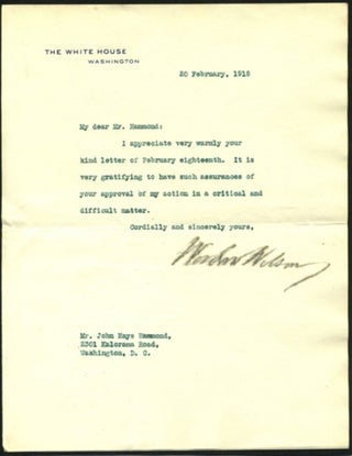 Item #10028 Woodrow Wilson Presidential Letter Signed about "critical and difficult matters"...