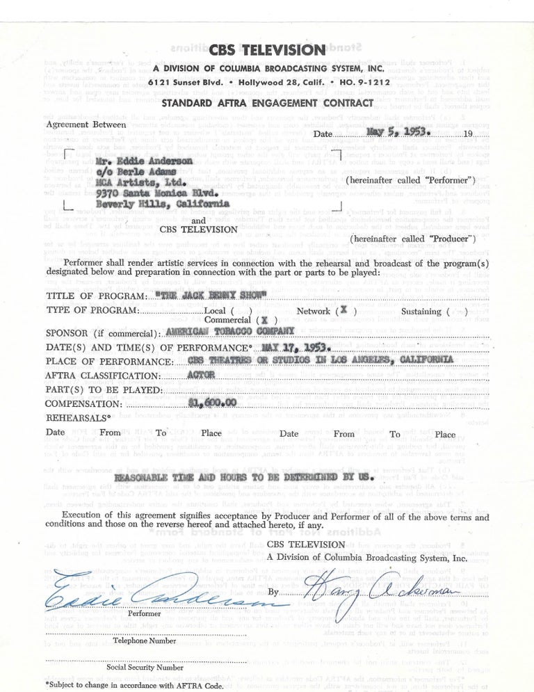 Item #10392 Eddie Anderson Contract for the The Jack Benny Show. Eddie Anderson.