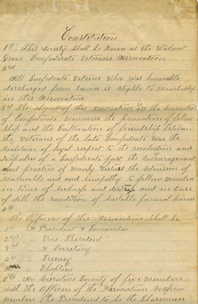 Item #10483 Constitution For The Walnut Grove Confederate Veterans Association. soldier letter Confederate.
