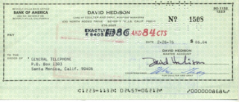 Item #10879 David Hedison Signed Check. David Hedison.
