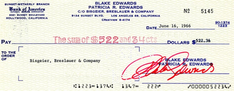Item #10956 Blake Edwards Signed Check. Blake Edwards.