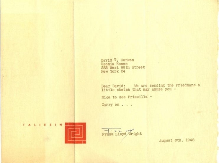 Item #11268 Frank Lloyd Wright Sends his Architectural Drawings. Frank Lloyd Wright.