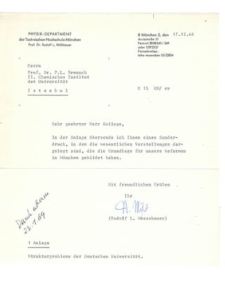 Item #11284 Physic Nobel Laureate Moessbauer Typed Letter Signed. Rudolf Moessbauer
