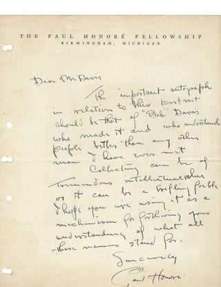 Item #11345 Paul Honore Autograph Letter Signed. Paul Honore