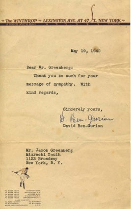 Item #11358 Ben Gurion Writes 4 Days After The 1942 The Biltmore Conference, a turning point in...