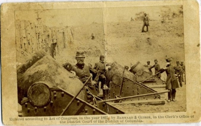 Item #11903 "Brady Gallery" Civil War Photograph of Officers and 20,000 Pound Mortar Cannons. Civil War Brady Gallery.