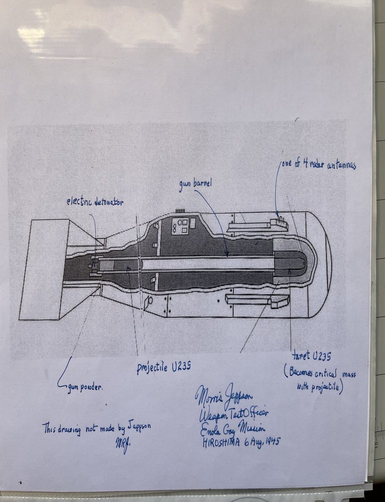 Item #12577 Diagram of the Hiroshima Atomic Bomb with handwritten explanation of its components by the Weapons Officer on the Hiroshima mission. Jeppson, ATOM BOMB.