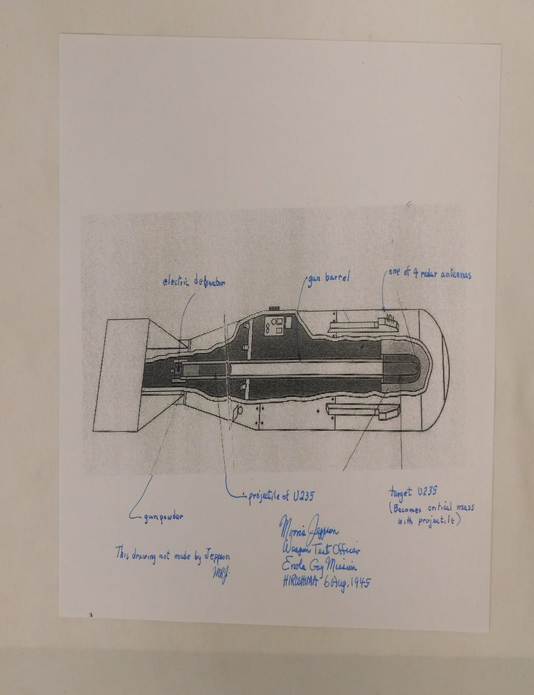 Item #12579 Diagram of the Hiroshima Atomic Bomb with handwritten explanation of its components by the Weapons Officer on the Hiroshima mission. Jeppson, ATOM BOMB.