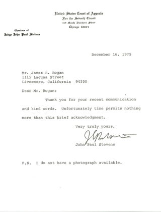 Item #12636 John Paul Stevens Typed Letter Signed written 3 days before he took his seat on the...