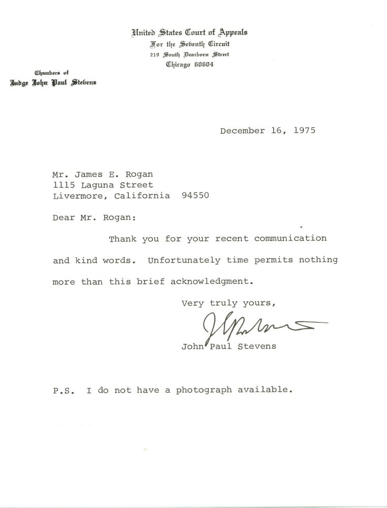 Item #12636 John Paul Stevens Typed Letter Signed written 3 days before he took his seat on the Supreme Court. John Paul Stevens.