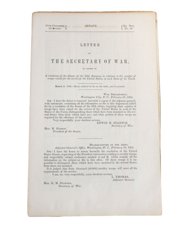 Item #12666 Civil War Congressional Document Regarding Cavalry Forces from the Secretary of War. Congress Civil War.