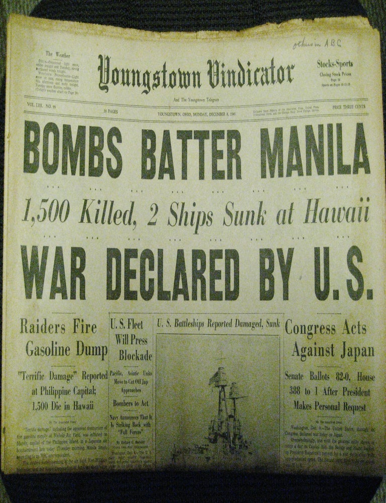 Item #12718 World War II History Youngstown Vindicator Reporting Pearl Harbor and United States Declaration of War 1941. WWII Pearl Harbor.