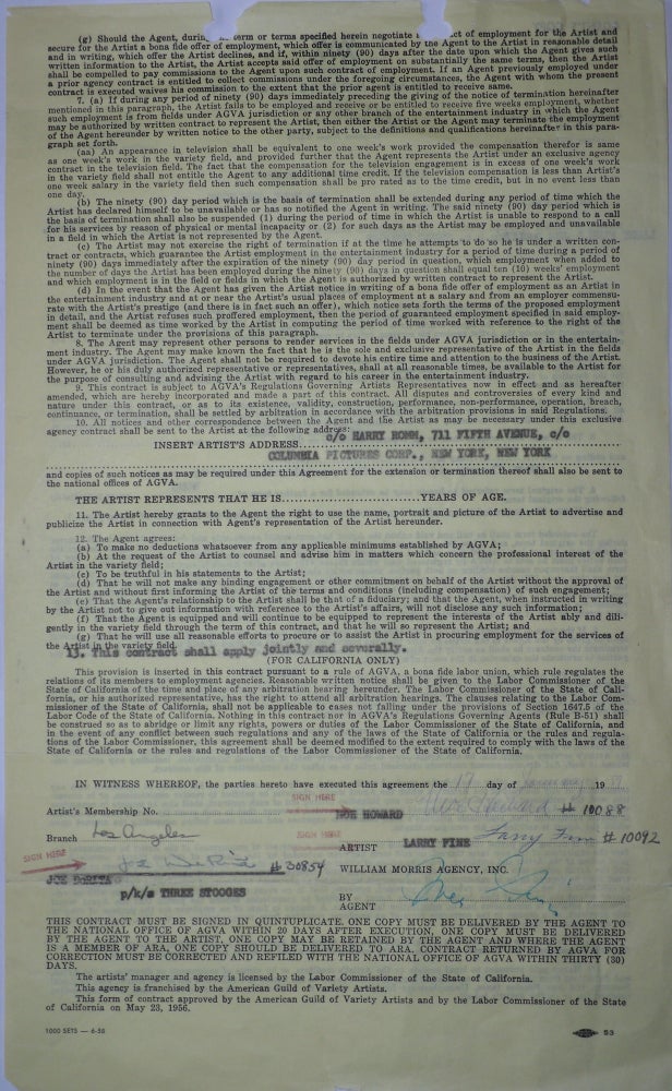 Item #12906 Three Stooges 1959 contract signed by Moe, Larry, and Curly Joe- highest paid acts in the US. Three Stooges.