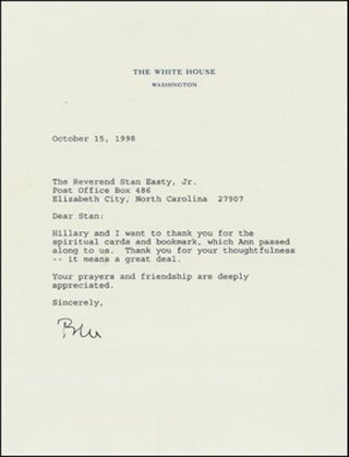 Bill Clinton Typed Letter Signed as President to his Spiritual Advisor. Bill Clinton.