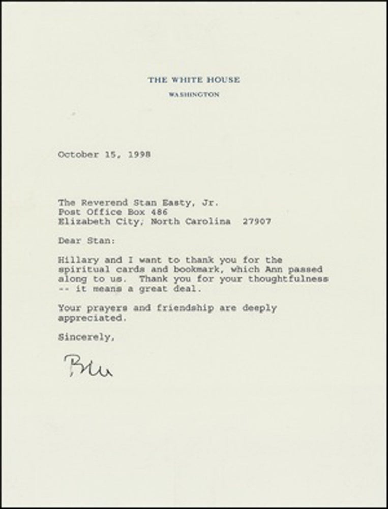 Item #13033 Bill Clinton Typed Letter Signed as President to his Spiritual Advisor. Bill Clinton.