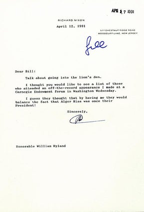 Item #13079 Richard Nixon Typed Letter Signed Mentioned Alger Hiss of Red Scare Fame. Richard Nixon