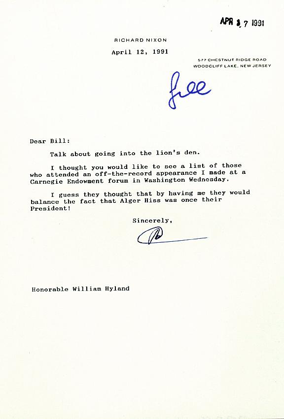Item #13079 Richard Nixon Typed Letter Signed Mentioned Alger Hiss of Red Scare Fame. Richard Nixon.