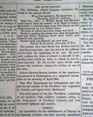John Wilkes Booth Assassination Newspaper
