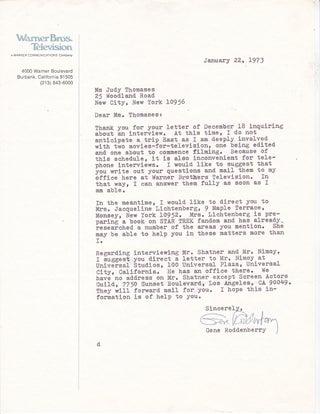 Item #13404 Gene Roddenberry writes about STAR TREK and mentions Shatner and Nimoy. Gene Roddenberry