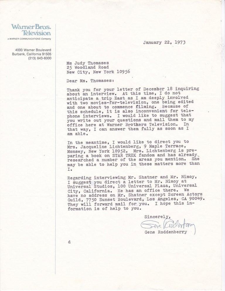 Item #13404 Gene Roddenberry writes about STAR TREK and mentions Shatner and Nimoy. Gene Roddenberry.