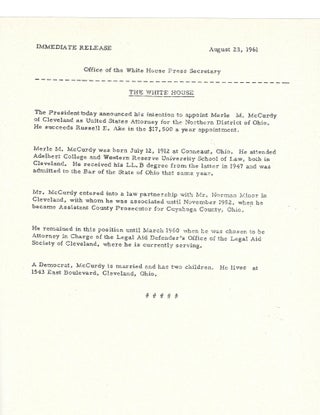 Item #13453 JFK Appoints US Attorney for Northern District of Ohio. John F. Kennedy