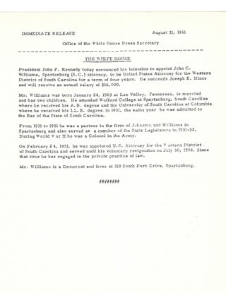 Item #13454 JFK Appoints US Attorney for Western District of South Carolina. John F. Kennedy