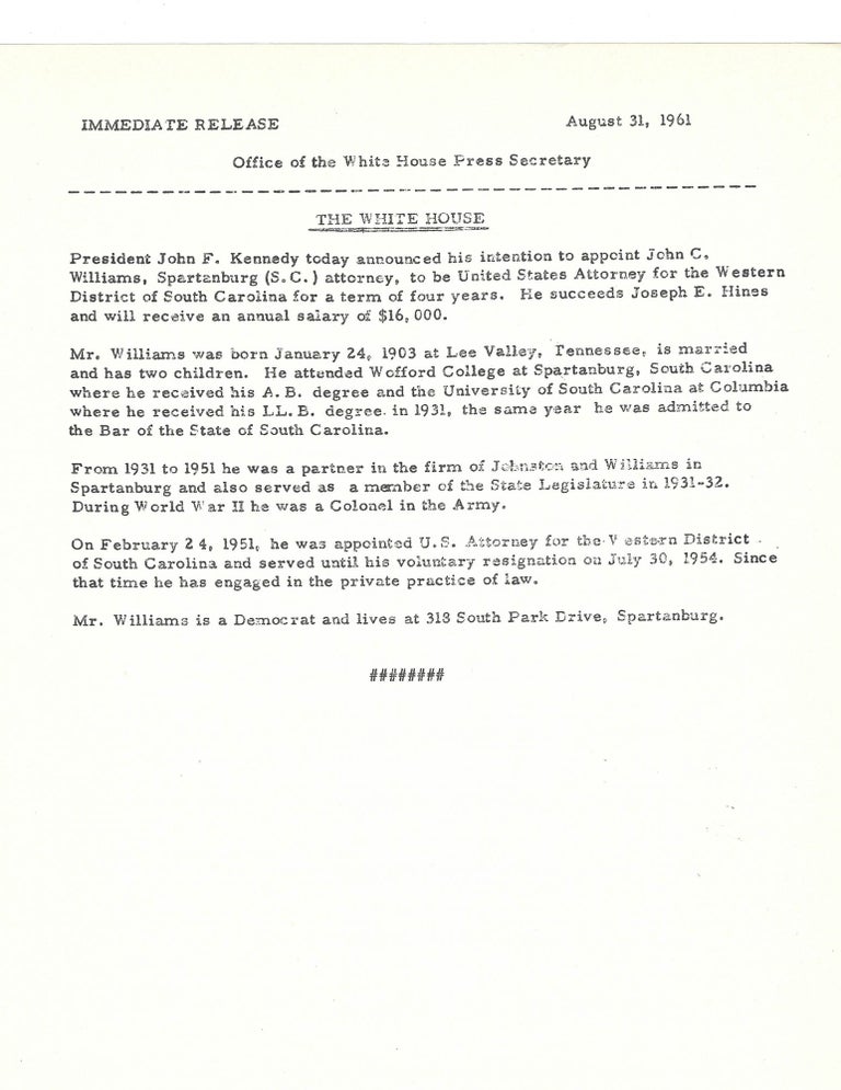 Item #13454 JFK Appoints US Attorney for Western District of South Carolina. John F. Kennedy.