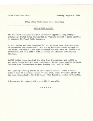Item #13455 JFK Appoints US Marshal for Western District of South Carolina. Kennedy, John F
