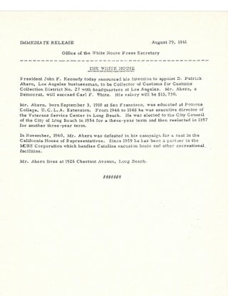 Item #13456 JFK White House Original press release. John F. Kennedy