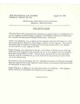 Item #13457 Original Press Release from JFK's Office of the White House Press Secretary. John F....