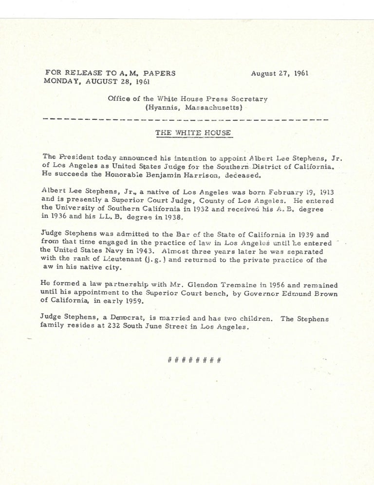 Item #13457 Original Press Release from JFK's Office of the White House Press Secretary. John F. Kennedy.