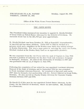 Item #13458 Original Press Release from JFK's Office of the White House Press Secretary. John F....