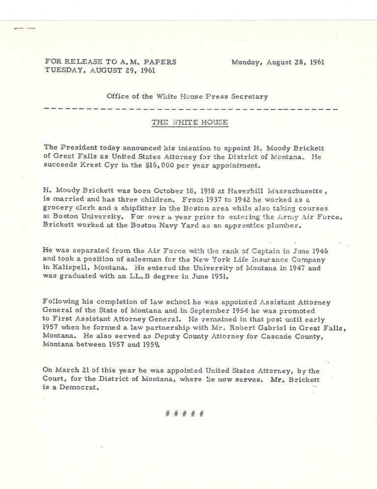 Item #13458 Original Press Release from JFK's Office of the White House Press Secretary. John F. Kennedy.