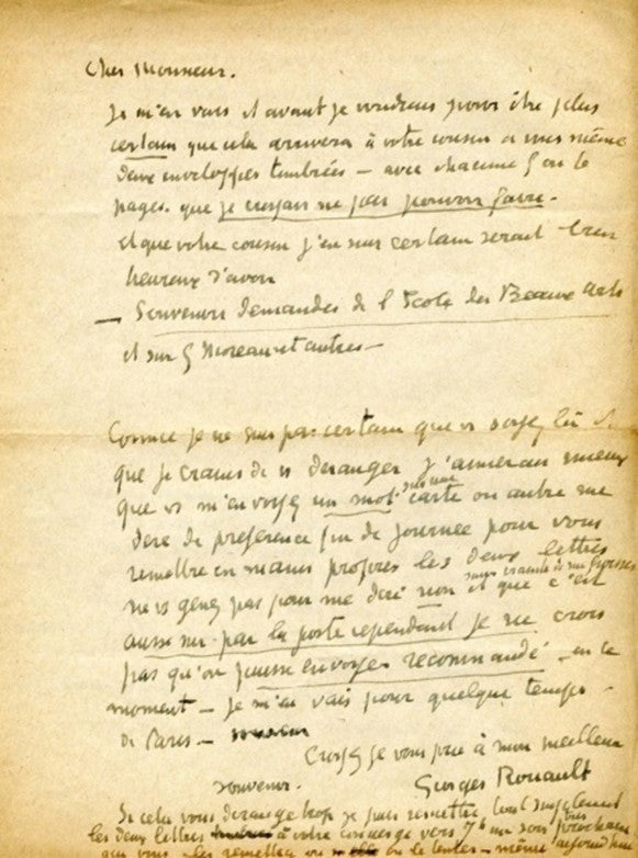 Item #13461 Georges Rouault writes regarding "The souvenirs you requested regarding the Ecole des Beaux-Arts and on G[ustave] Moreau and others..." Georges Rouault.