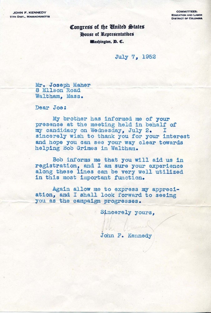 Item #13481 John F. Kennedy Signed Letter Mentioning his Brother Bobby and His Candidacy. John F. Kennedy.