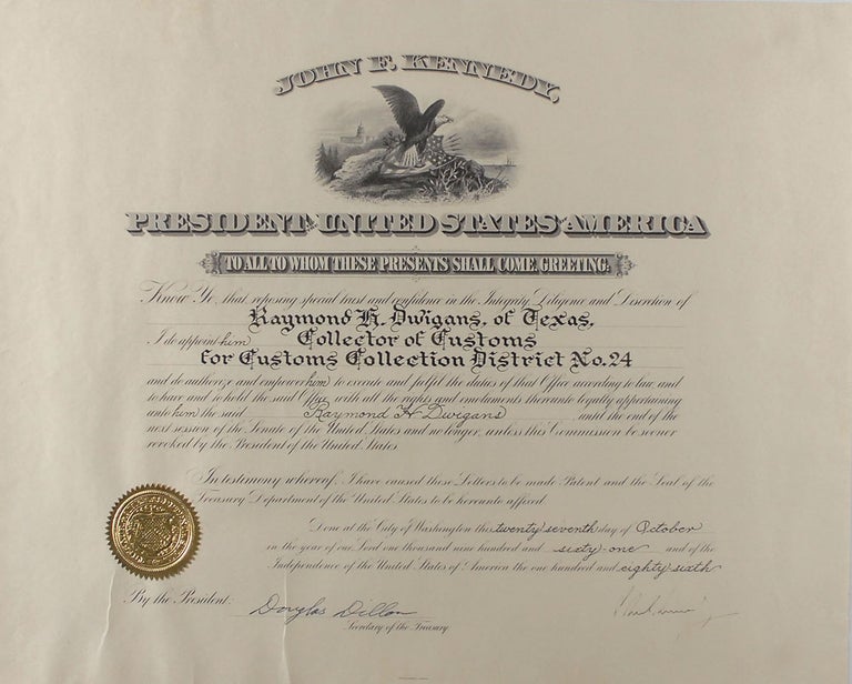 Item #13501 John F. Kennedy Appointment Signed as President. John F. Kennedy.