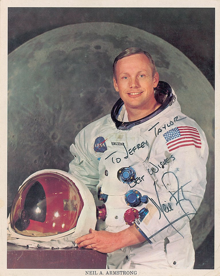 Item #13956 Neil Armstrong Inscribed Signed Photo in Space suit. Neil Armstrong.