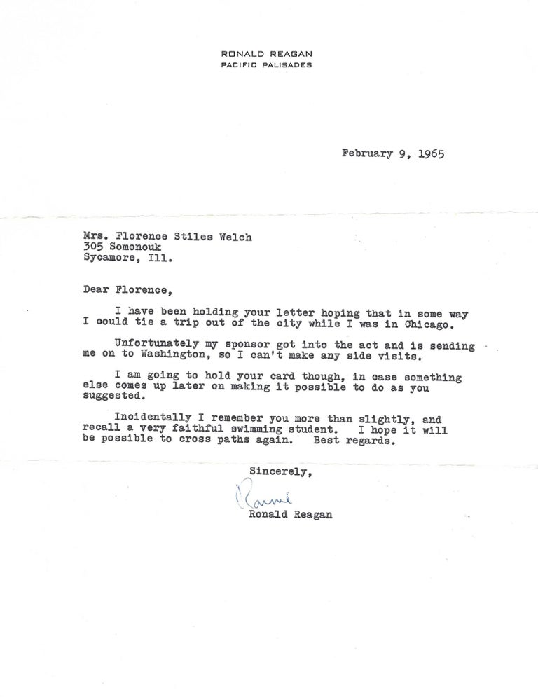 Item #14155 Ronald Reagan writes, "My sponsor got into the act and is sending me on to Washington." Ronald Reagan.