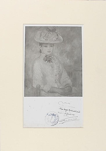 Item #14157 Renoir's "Girl in a Yellow Hat" image signed by Renoir and Authenticated by the Mayor of Cagnes. Pierre-Auguste Renoir.