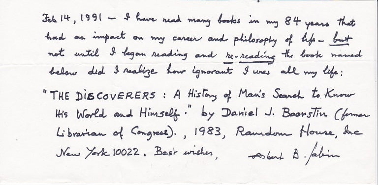 Item #14219 The Discoverer of the First Oral Polio Vaccine writes about his Favorite Book "The Discoverers." Albert Sabin.