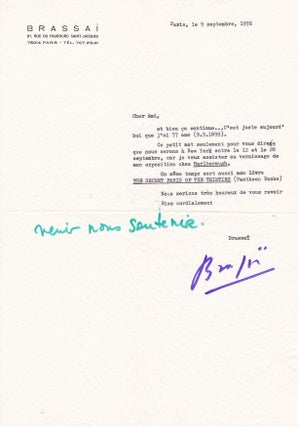 Item #14264 Letter from Brassai about his new photography book "The Secret Paris of the Thirties"...