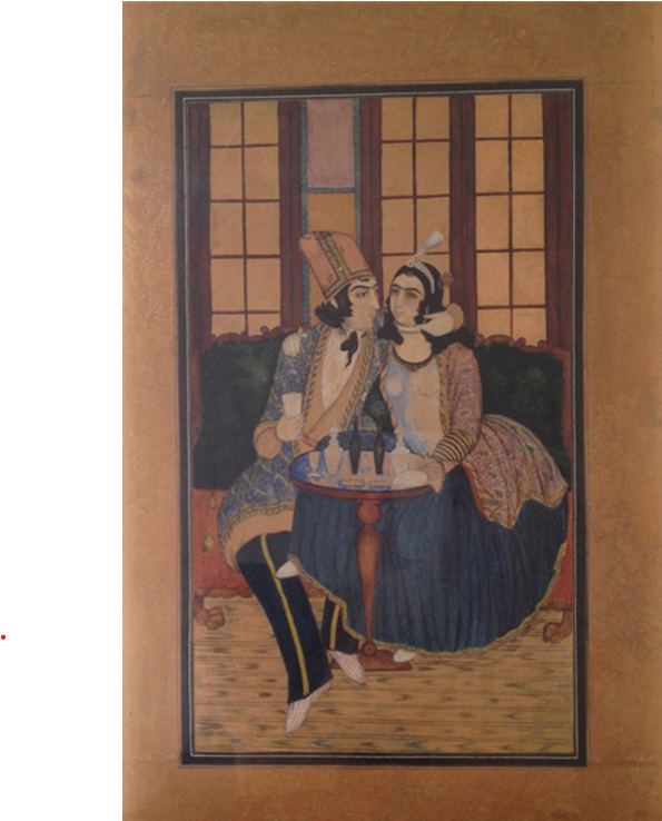 Item #14301 Persian Qajar Lovers Gouache Painting with Gold Illuminated Borders. Qajar Iran Persian Painting.