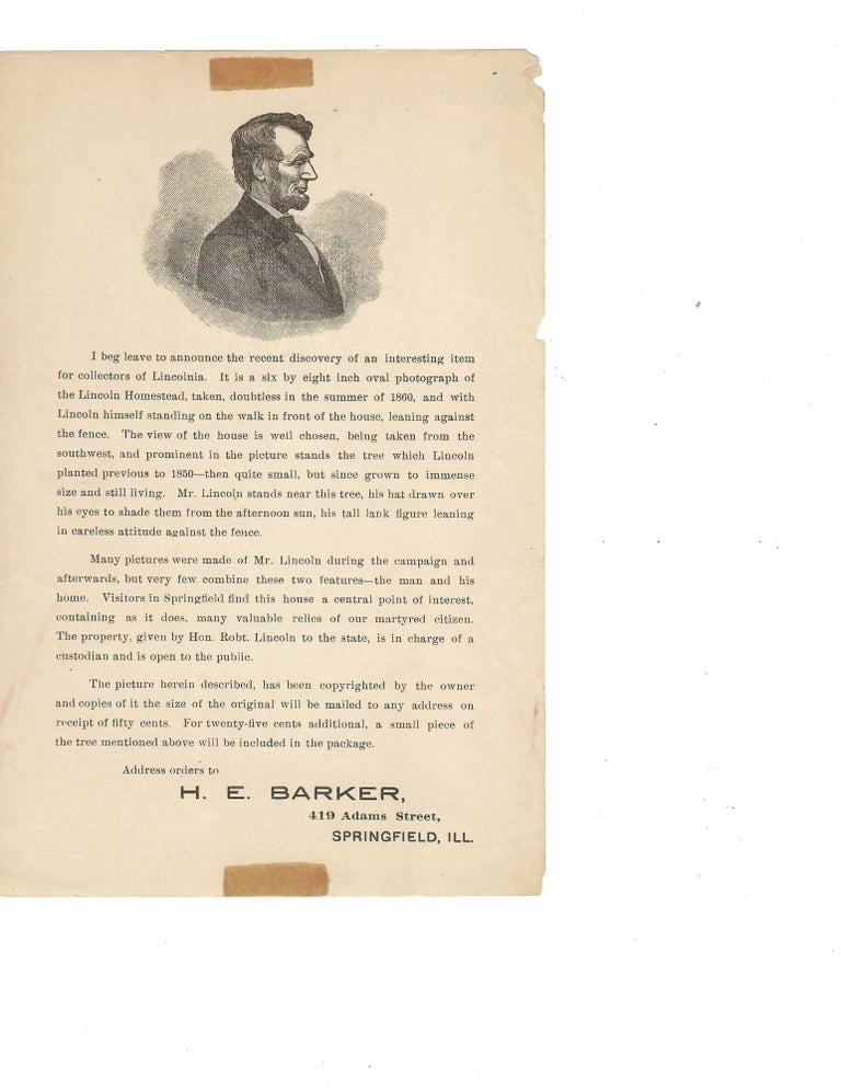 Item #14376 Advertisement for a photograph of Abraham Lincoln at the Lincoln Homestead. Abraham Lincoln.