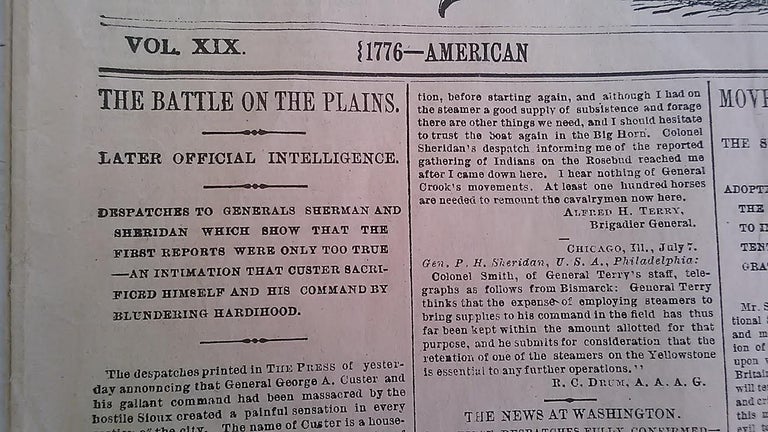 Item #14379 Newspaper: Report of General Custer's Death. General Custer.