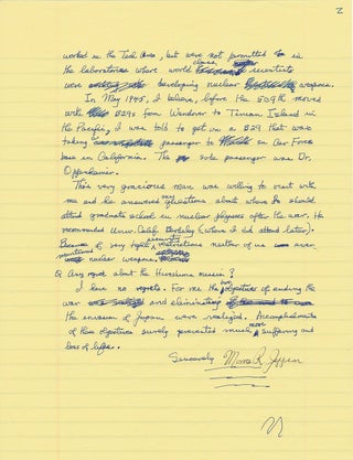 Atomic Bomb and World War II Morris R. Jeppson Autograph Letter Detailing Hiroshima Fuzing System and Meeting with J. Robert Oppenheimer