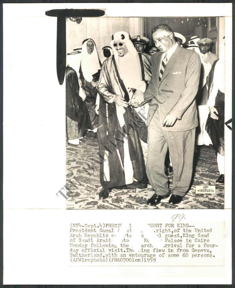 Item #14447 Arab Summit Conference Photograph of Naser and King of Saudi Arabia. Naser Arab Conference.