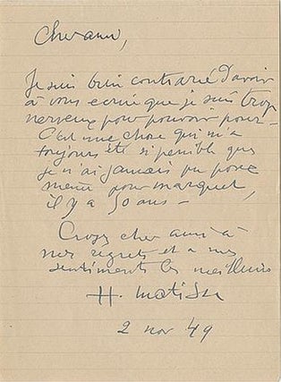 Item #14600 Henri Matisse's Handwritten Response to a Request to Pose for a Painting. Henri Matisse