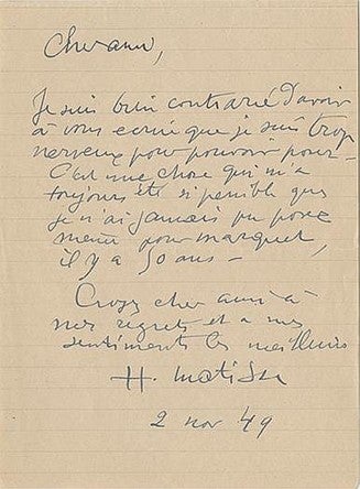 Item #14600 Henri Matisse's Handwritten Response to a Request to Pose for a Painting. Henri Matisse.