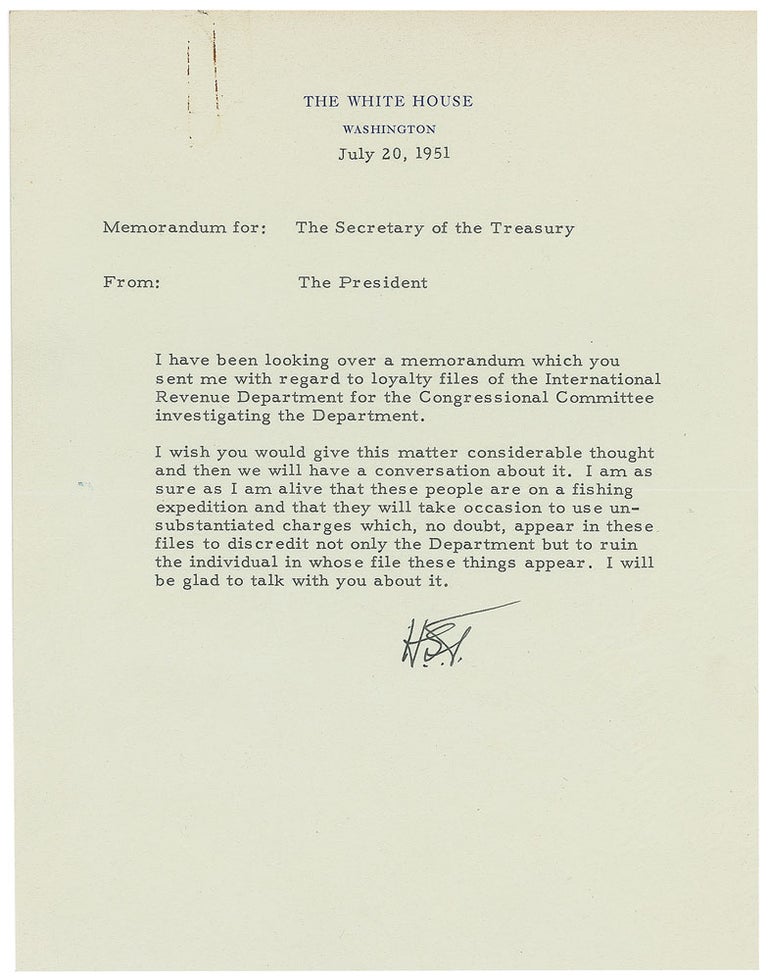 Item #14902 Important Archive of President Truman Letters Combatting McCarthy's Red Scare: "I am a sure as I am alive that these people are on a fishing expedition and they will take occasion to use unsubstantiated charges " Harry S. Truman.