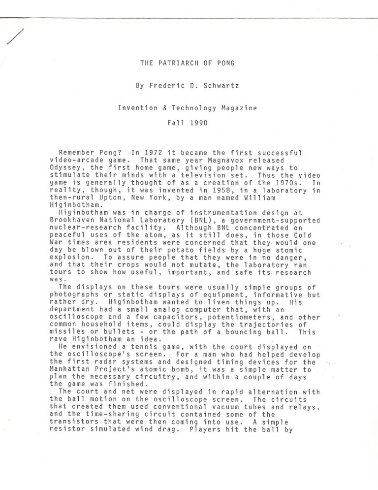 Item #14976 Higinbotham, "Patriarch of Pong," Signed Type Script Article About His Landmark non-violence Computer Game. Early Computer Game Pong.